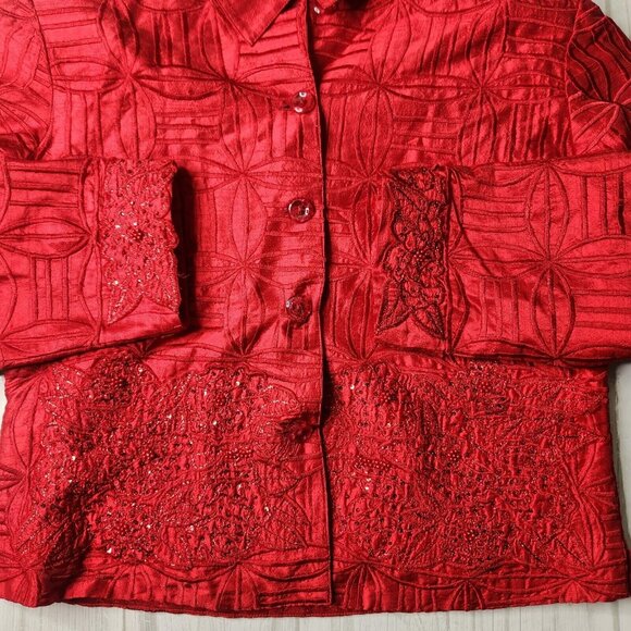 Vintage Anage Red Silk Jacket Topper Coat Boho Beaded Embroidered Blazer Medium - Picture 6 of 11